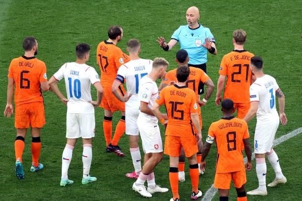 Referee Sergei Karasev during the UEFA EURO 2020 match between the Netherlands and the Czech Republic at the Puskas Arena on June 27, 2021 in...