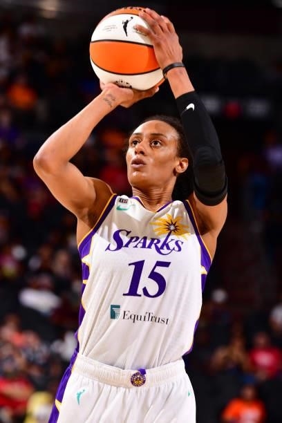 Brittney Sykes of the Los Angeles Sparks shoots the ball against the Phoenix Mercury on June 27, 2021 at Phoenix Suns Arena in Phoenix, Arizona. NOTE...