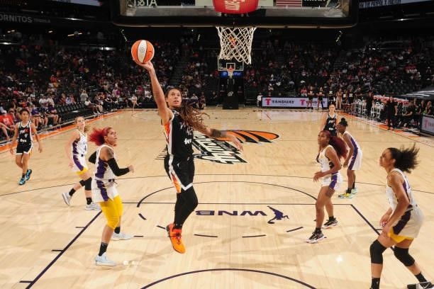 Brittney Griner of the Phoenix Mercury shoots the ball against the Los Angeles Sparks on June 27, 2021 at Phoenix Suns Arena in Phoenix, Arizona....