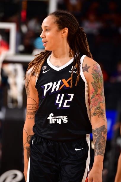 Brittney Griner of the Phoenix Mercury looks on during the game against the Los Angeles Sparks on June 27, 2021 at Phoenix Suns Arena in Phoenix,...