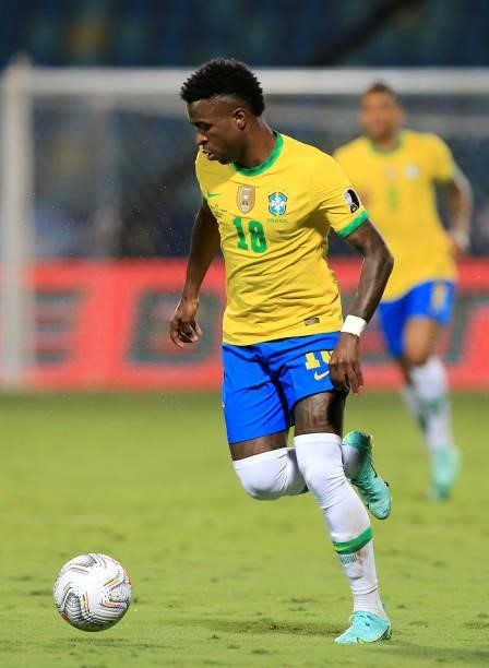 Vinicius Junior of Brazil controls the ball during the match between Brazil and Ecuador as part of Conmebol Copa America Brazil 2021 at Estadio...
