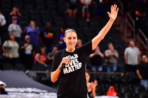 Diana Taurasi of the Phoenix Mercury addresses the crowd after the game after becoming the first WNBA player to hit 9k career points during the game...