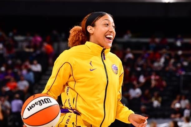 Arella Guirantes of the Los Angeles Sparks smiles before the game against the Phoenix Mercury on June 27, 2021 at Phoenix Suns Arena in Phoenix,...