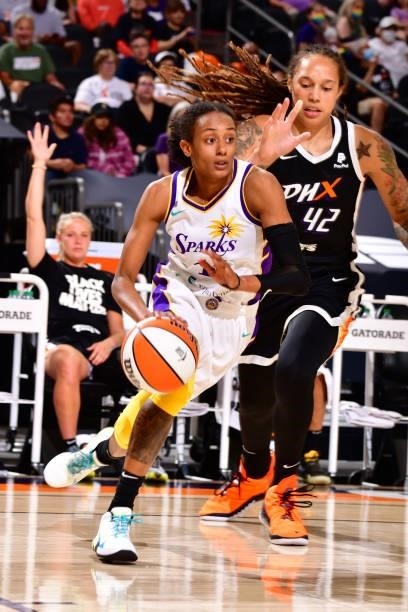 Brittney Sykes of the Los Angeles Sparks drives to the basket against the Phoenix Mercury on June 27, 2021 at Phoenix Suns Arena in Phoenix, Arizona....