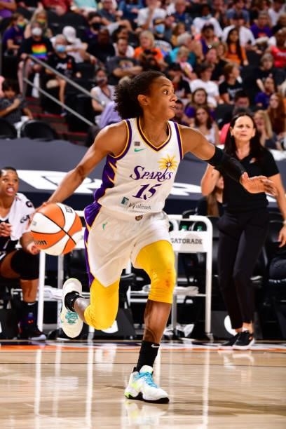 Brittney Sykes of the Los Angeles Sparks drives to the basket against the Phoenix Mercury on June 27, 2021 at Phoenix Suns Arena in Phoenix, Arizona....