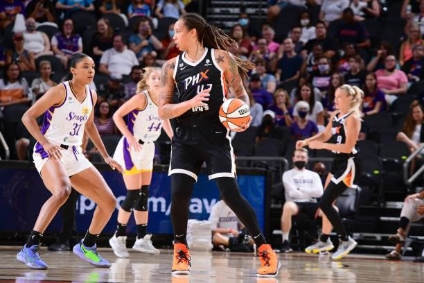 June 27: Kristine Anigwe of the Los Angeles Sparks plays defense on Brittney Griner of the Phoenix Mercury on June 27, 2021 at the Phoenix Suns Arena...