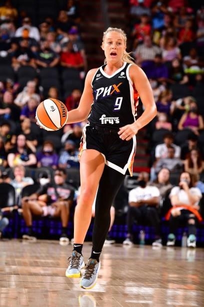 Sophie Cunningham of the Phoenix Mercury handles the ball against the Los Angeles Sparks on June 27, 2021 at Phoenix Suns Arena in Phoenix, Arizona....