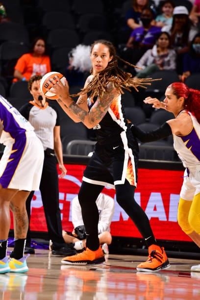 Brittney Griner of the Phoenix Mercury handles the ball against the Los Angeles Sparks on June 27, 2021 at Phoenix Suns Arena in Phoenix, Arizona....