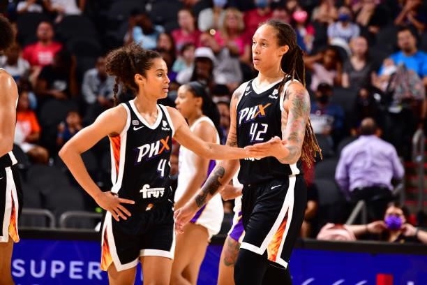 Skylar Diggins-Smith and Brittney Griner of the Phoenix Mercury high five during the game against the Los Angeles Sparks on June 27, 2021 at Phoenix...