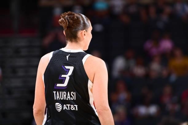 June 27: Diana Taurasi of the Phoenix Mercury looks on during the game against the Los Angeles Sparks on June 27, 2021 at the Phoenix Suns Arena in...