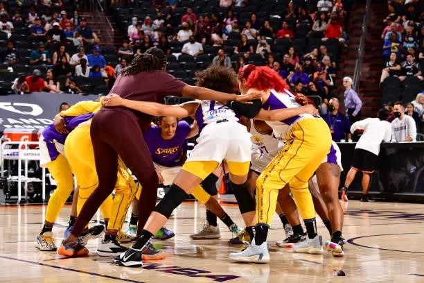 The Los Angeles Sparks huddle up during the game against the Phoenix Mercury on June 27, 2021 at Phoenix Suns Arena in Phoenix, Arizona. NOTE TO...