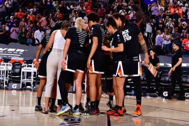 The Phoenix Mercury huddle up before the game against the Los Angeles Sparks on June 27, 2021 at Phoenix Suns Arena in Phoenix, Arizona. NOTE TO...