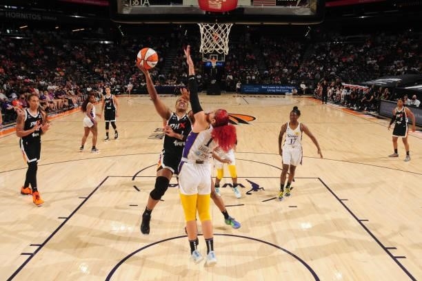 Kia Vaughn of the Phoenix Mercury shoots the ball against the Los Angeles Sparks on June 27, 2021 at Phoenix Suns Arena in Phoenix, Arizona. NOTE TO...