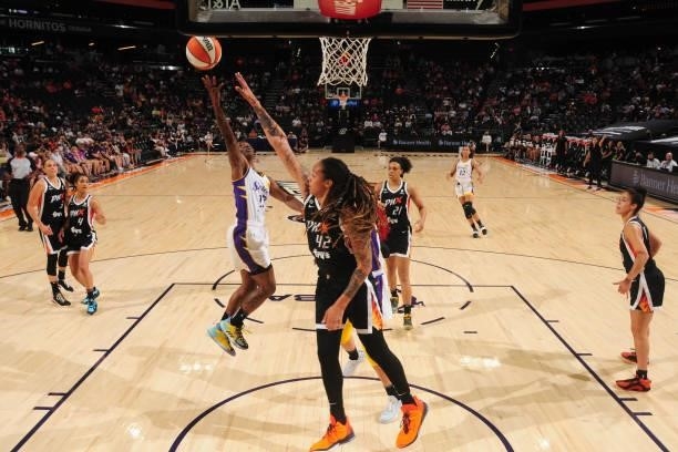 Erica Wheeler of the Los Angeles Sparks shoots the ball against the Phoenix Mercury on June 27, 2021 at Phoenix Suns Arena in Phoenix, Arizona. NOTE...