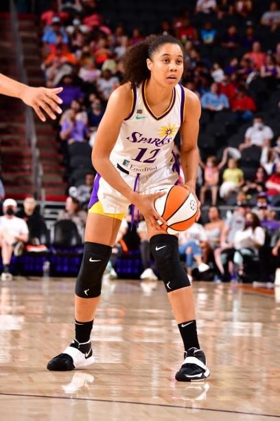 Nia Coffey of the Los Angeles Sparks looks to pass the ball against the Phoenix Mercury on June 27, 2021 at Phoenix Suns Arena in Phoenix, Arizona....