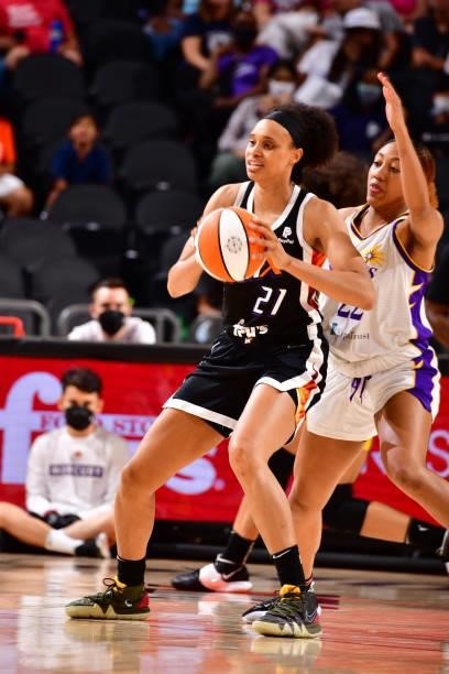 Brianna Turner of the Phoenix Mercury looks to pass the ball against the Los Angeles Sparks on June 27, 2021 at Phoenix Suns Arena in Phoenix,...