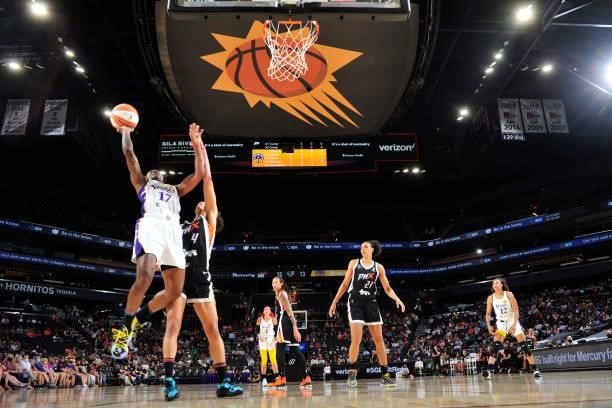 Erica Wheeler of the Los Angeles Sparks shoots the ball against the Phoenix Mercury on June 27, 2021 at Phoenix Suns Arena in Phoenix, Arizona. NOTE...