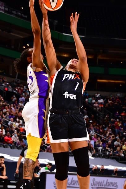 Kia Vaughn of the Phoenix Mercury shoots the ball against the Los Angeles Sparks on June 27, 2021 at Phoenix Suns Arena in Phoenix, Arizona. NOTE TO...