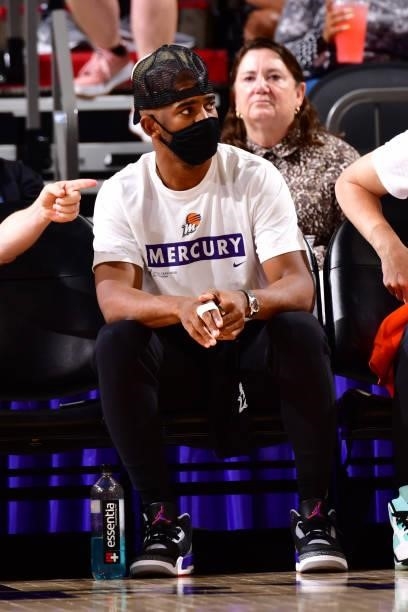Chris Paul of the Phoenix Suns looks on during the game between the Phoenix Mercury and the Los Angeles Sparks on June 27, 2021 at Phoenix Suns Arena...