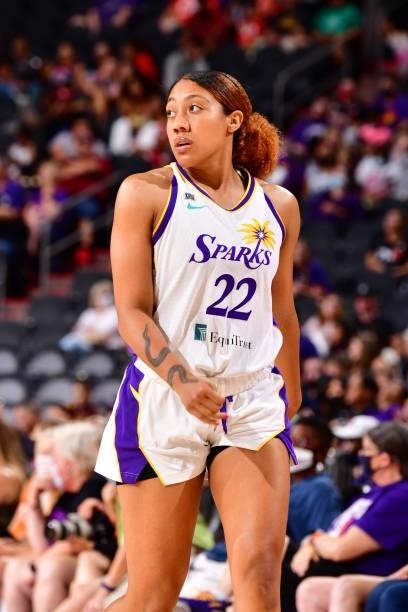 Arella Guirantes of the Los Angeles Sparks looks on during the game against the Phoenix Mercury on June 27, 2021 at Phoenix Suns Arena in Phoenix,...