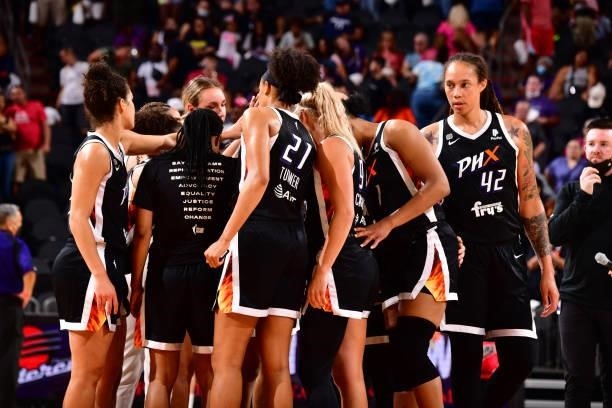 The Phoenix Mercury huddle up during the game against the Los Angeles Sparks on June 27, 2021 at Phoenix Suns Arena in Phoenix, Arizona. NOTE TO...