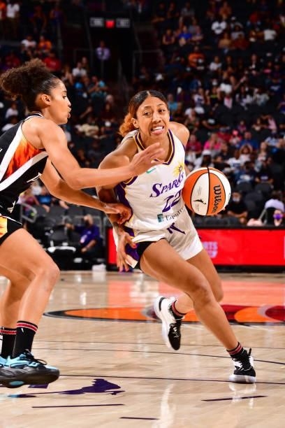 Arella Guirantes of the Los Angeles Sparks drives to the basket against the Phoenix Mercury on June 27, 2021 at Phoenix Suns Arena in Phoenix,...