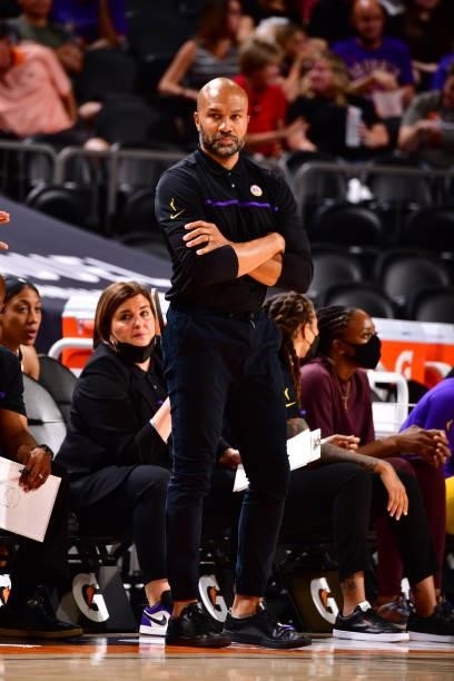 Head Coach, Derek Fisher of the Los Angeles Sparks looks on during the game against the Phoenix Mercury on June 27, 2021 at Phoenix Suns Arena in...