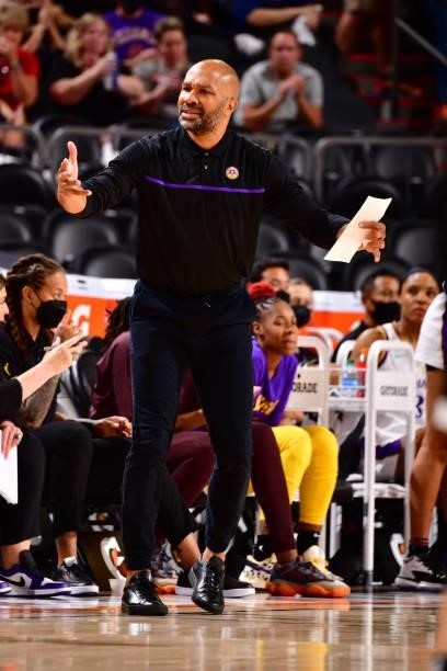 Head Coach, Derek Fisher of the Los Angeles Sparks reacts to a play during the game against the Phoenix Mercury on June 27, 2021 at Phoenix Suns...