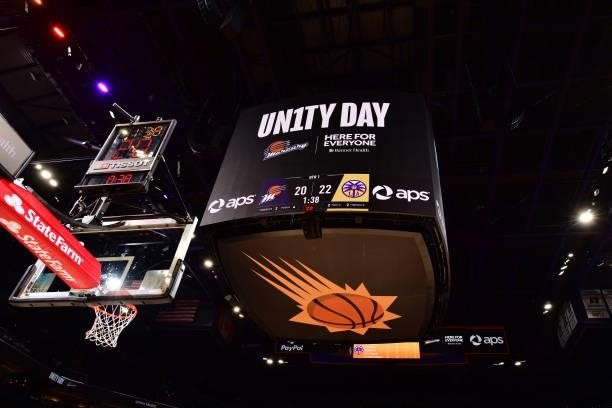 The Phoenix Mercury celebrate Unity Day at the game against the Los Angeles Sparks on June 27, 2021 at Phoenix Suns Arena in Phoenix, Arizona. NOTE...
