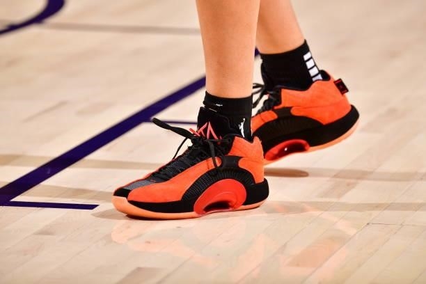 The sneakers worn by Kia Nurse of the Phoenix Mercury during the game against the Los Angeles Sparks on June 27, 2021 at Phoenix Suns Arena in...