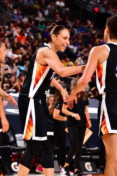 Diana Taurasi of the Phoenix Mercury smiles during the game against the Los Angeles Sparks on June 27, 2021 at Phoenix Suns Arena in Phoenix,...