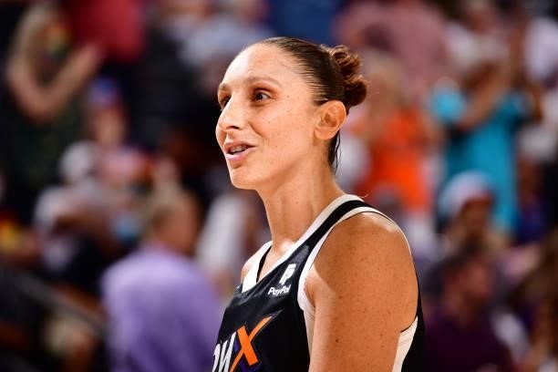 Diana Taurasi of the Phoenix Mercury looks on during the game against the Los Angeles Sparks on June 27, 2021 at Phoenix Suns Arena in Phoenix,...