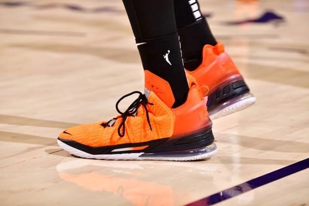 The sneakers worn by Brittney Griner of the Phoenix Mercury during the game against the Los Angeles Sparks on June 27, 2021 at Phoenix Suns Arena in...