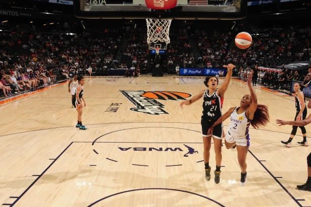 Te'a Cooper of the Los Angeles Sparks shoots the ball against the Phoenix Mercury on June 27, 2021 at Phoenix Suns Arena in Phoenix, Arizona. NOTE TO...