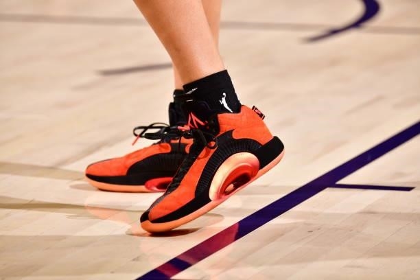 The sneakers worn by Kia Nurse of the Phoenix Mercury during the game against the Los Angeles Sparks on June 27, 2021 at Phoenix Suns Arena in...