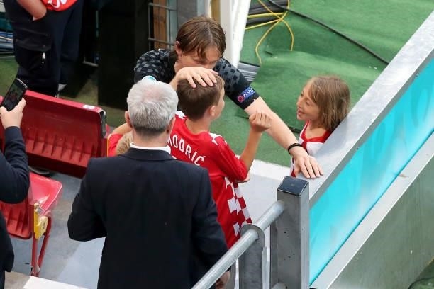 Luka Modric of Croatia with his children after loosing the UEFA Euro 2020 Championship Round of 16 match between Croatia and Spain at Parken Stadium...