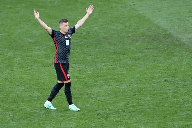 Mislav Orsic of Croatia gestures during the UEFA Euro 2020 Championship Round of 16 match between Croatia and Spain at Parken Stadium on June 28,...