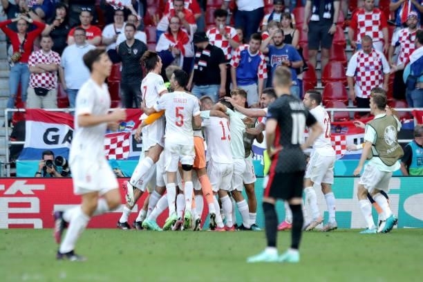 The Spanish national team is celebrating the victory during the UEFA Euro 2020 Championship Round of 16 match between Croatia and Spain at Parken...