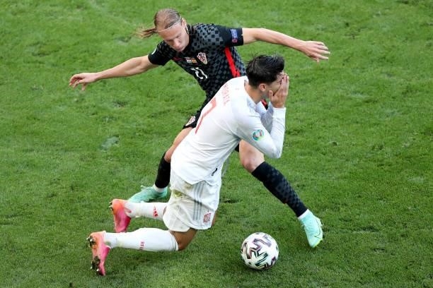 Domagoj Vida of Croatia and Alvaro Morata of Spain during the UEFA Euro 2020 Championship Round of 16 match between Croatia and Spain at Parken...
