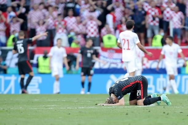 Disappointed Domagoj Vida of Croatia after losing the UEFA Euro 2020 Championship Round of 16 match between Croatia and Spain at Parken Stadium on...