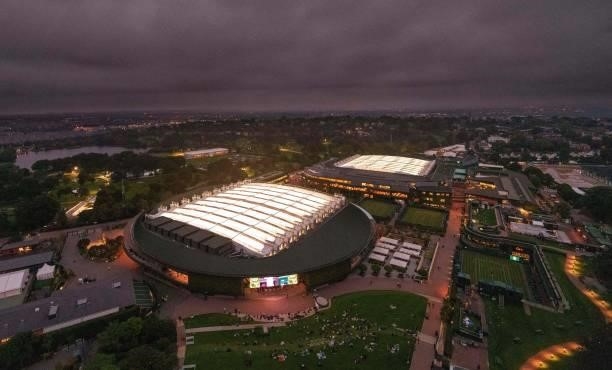 An aerial view shows No.1 Court and Centre Court, after the roof was closed on both courts to allow play to continue, on the first day of the 2021...