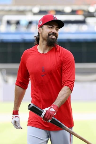 Anthony Rendon of the Los Angeles Angels looks on during batting practice before the game between the Los Angeles Angels and the New York Yankees at...