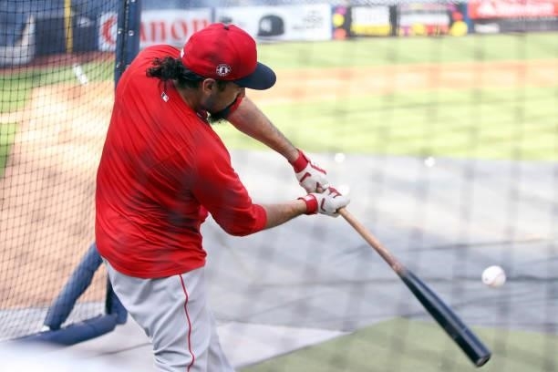Anthony Rendon of the Los Angeles Angels bats during batting practice before the game between the Los Angeles Angels and the New York Yankees at...