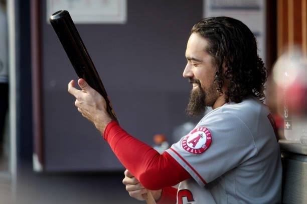 Anthony Rendon of the Los Angeles Angels looks on from the dugout during the game between the Los Angeles Angels and the New York Yankees at Yankee...