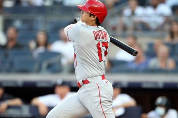 Shohei Ohtani of the Los Angeles Angels hits a home run during the game between the Los Angeles Angels and the New York Yankees at Yankee Stadium on...