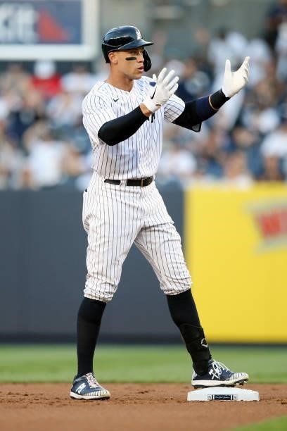 Aaron Judge reacts at second base during the game between the Los Angeles Angels and the New York Yankees at Yankee Stadium on Monday, June 28, 2021...