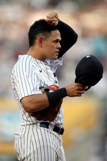 Gio Urshela of the New York Yankees looks on during the game between the Los Angeles Angels and the New York Yankees at Yankee Stadium on Monday,...