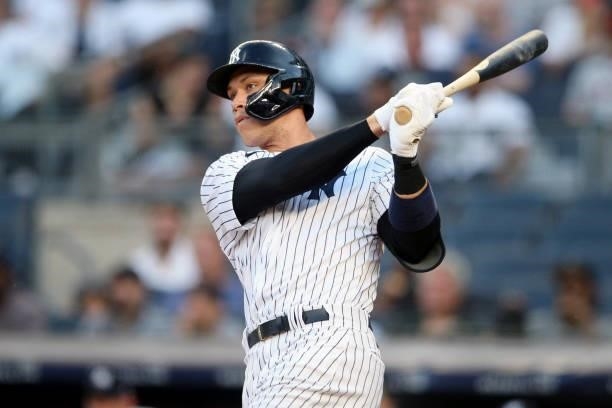 Aaron Judge of the New York Yankees bats during the game between the Los Angeles Angels and the New York Yankees at Yankee Stadium on Monday, June...