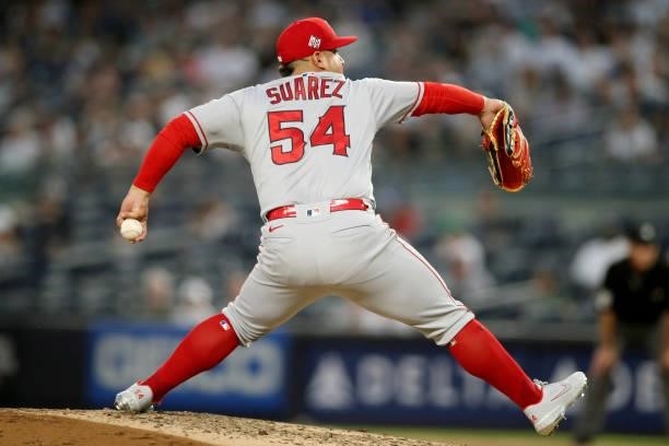 José Suarez of the Los Angeles Angels pitches during the game between the Los Angeles Angels and the New York Yankees at Yankee Stadium on Monday,...