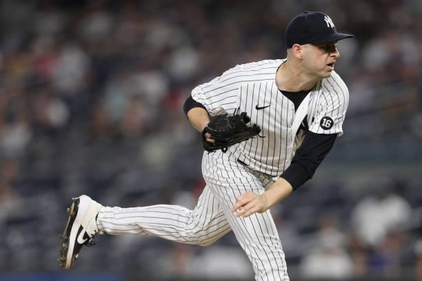 Lucas Luetge of the New York Yankees pitches during the game between the Los Angeles Angels and the New York Yankees at Yankee Stadium on Monday,...